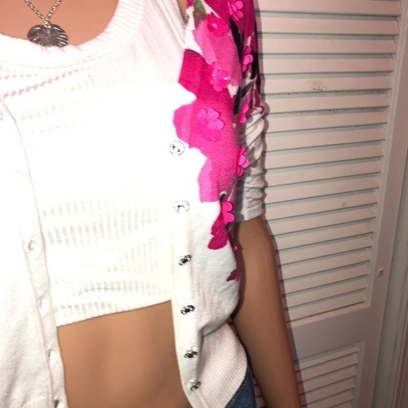 INC International Concepts White mini cardigan with Hot Pink Embellished flowers - Picture 8 of 12